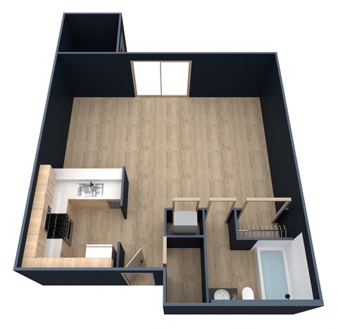 A black and wood floor plan of a house with a kitchen, living room, and bathroom.